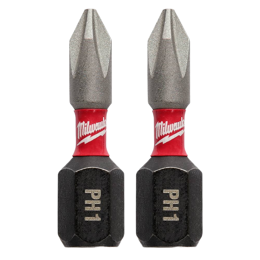 Two 1-inch PH1 Phillips impact duty drill bits with red band and black hex shank for power tool accessories