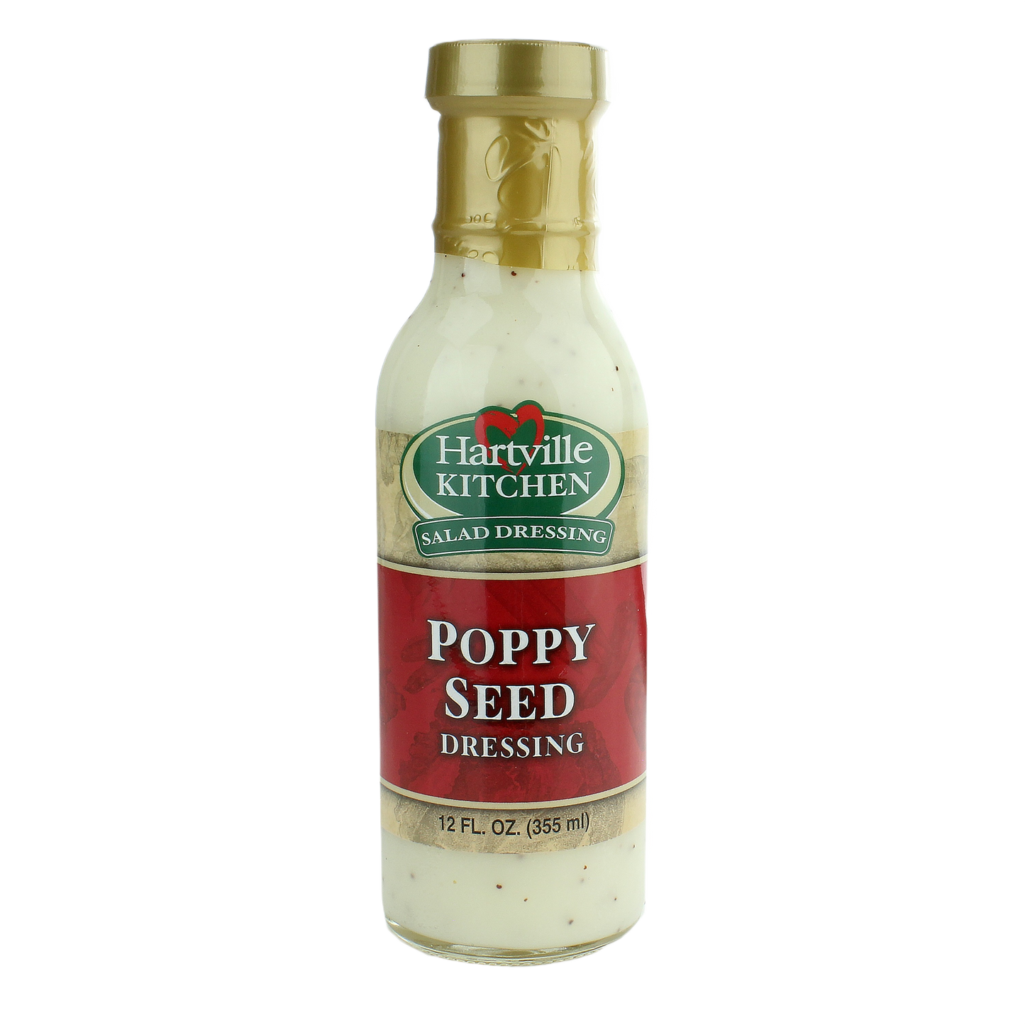 Bottle of creamy poppy seed salad dressing with gold cap and red label for flavorful meal preparation