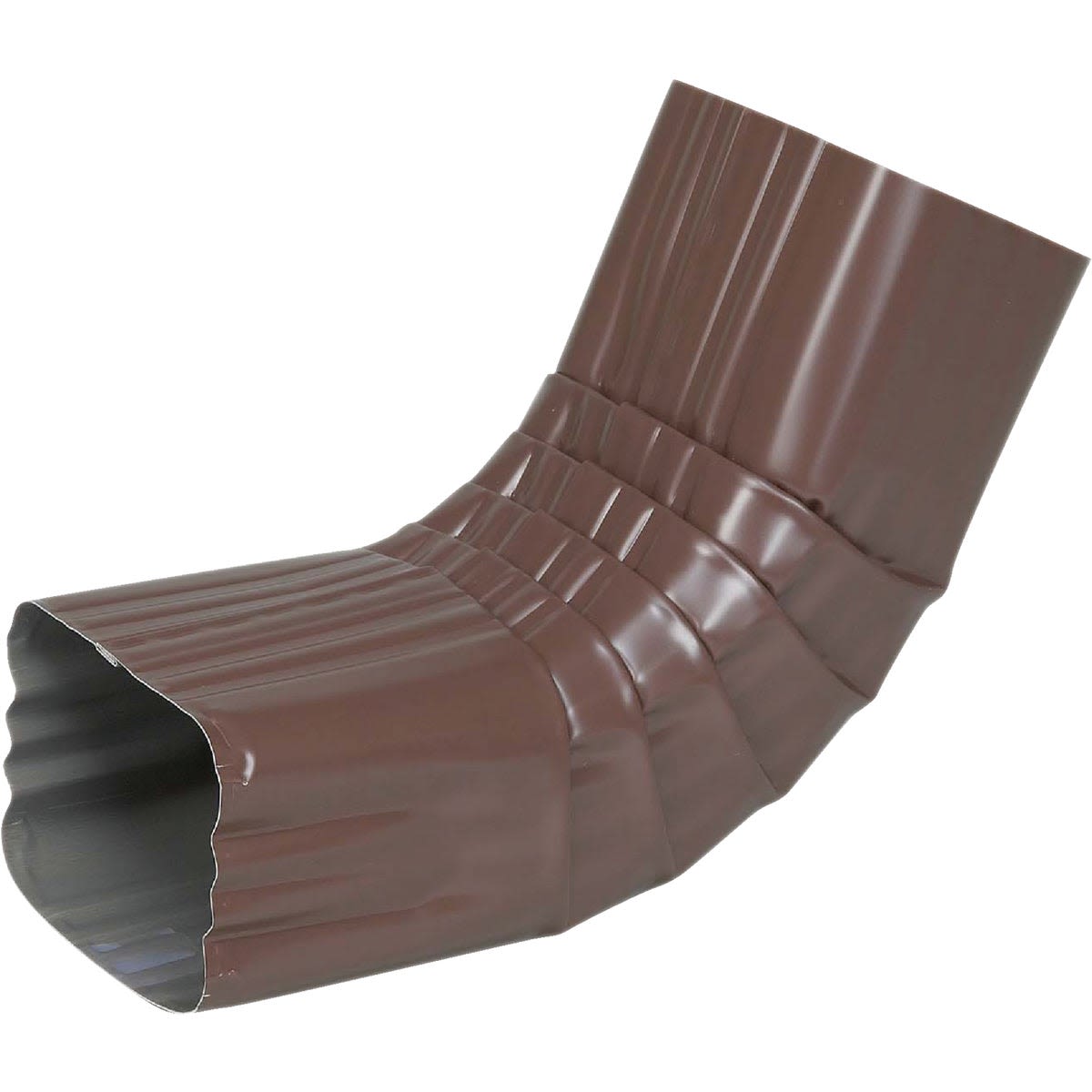 Brown aluminum front downspout elbow designed for home improvement and outdoor water drainage systems
