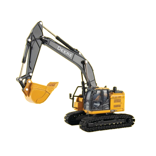 Detailed scale model of a yellow and black Deere excavator with realistic tracks and bucket for collectors and display