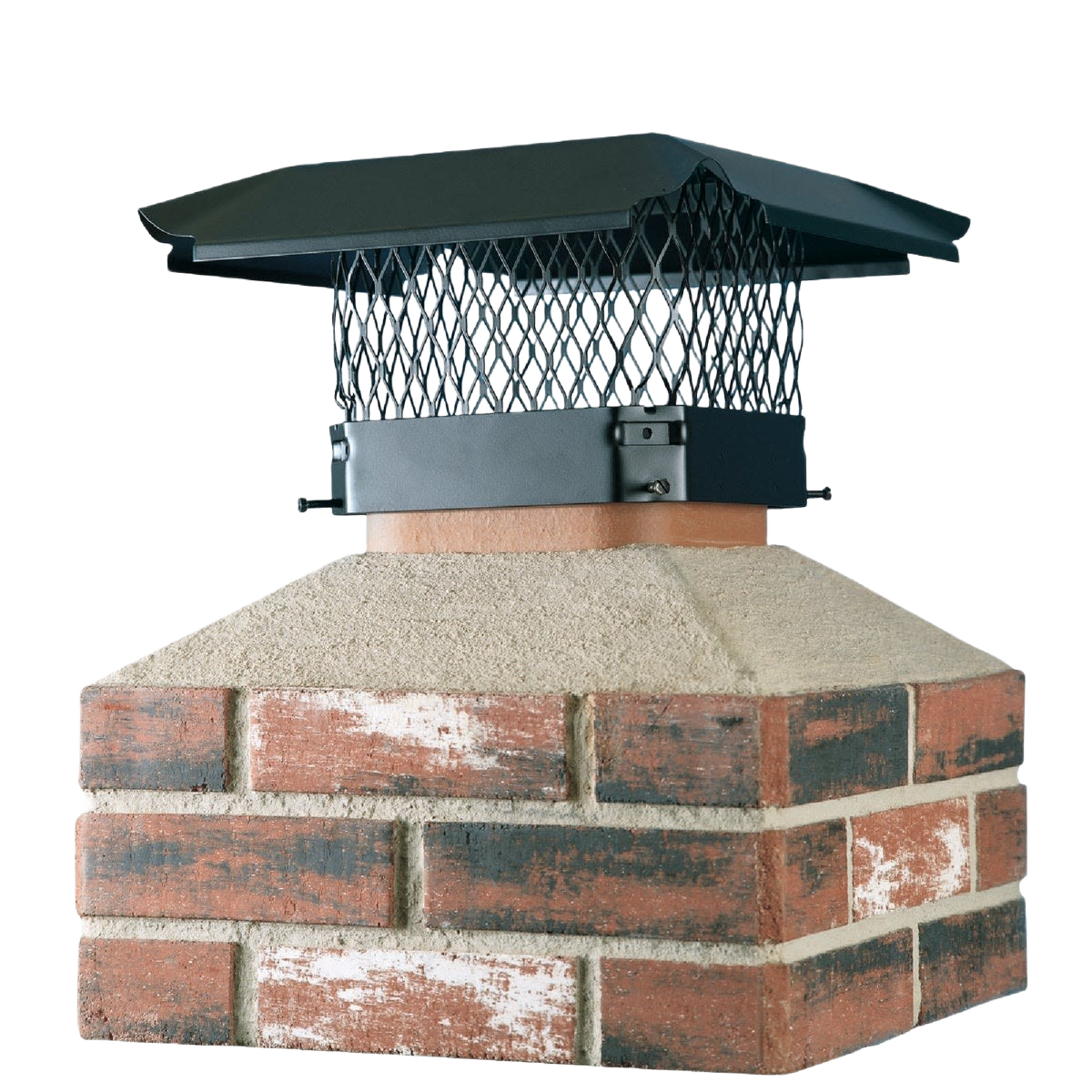 Black steel chimney cap with mesh sides mounted on brick chimney for plumbing and home improvement projects under $100