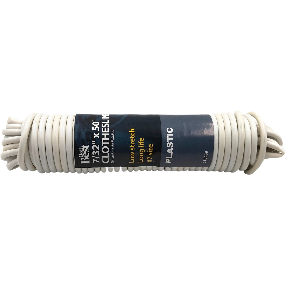 White low stretch clothesline rope coiled with blue and yellow product label for home improvement use