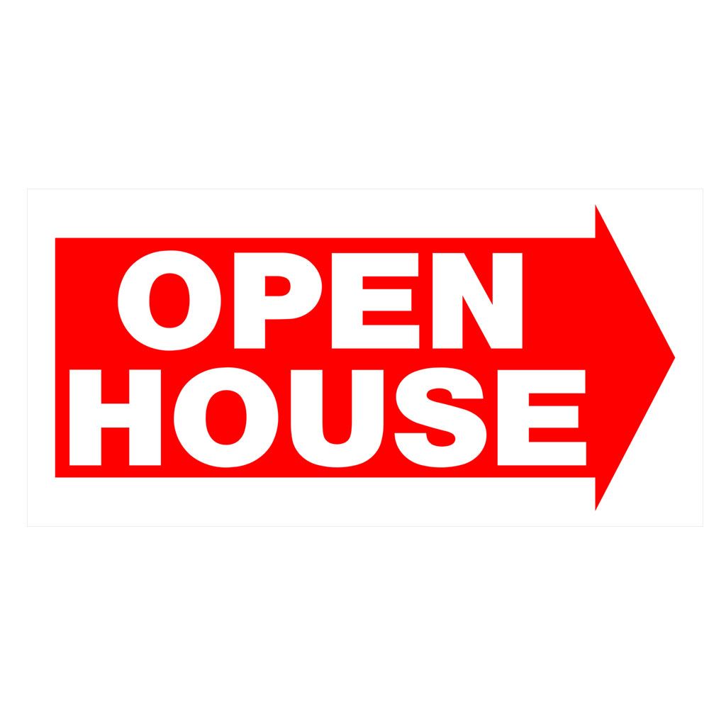 Red directional sign with bold white text reading open house for home improvement and event use