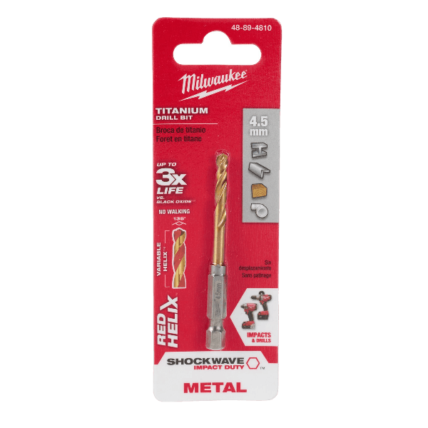 Milwaukee titanium 4.5mm drill bit with RED HELIX design for metal drilling in power tool accessories under $50 collection