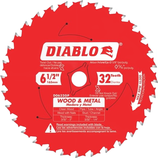 Red circular Diablo saw blade with 32 teeth designed for cutting wood and metal in home improvement tasks
