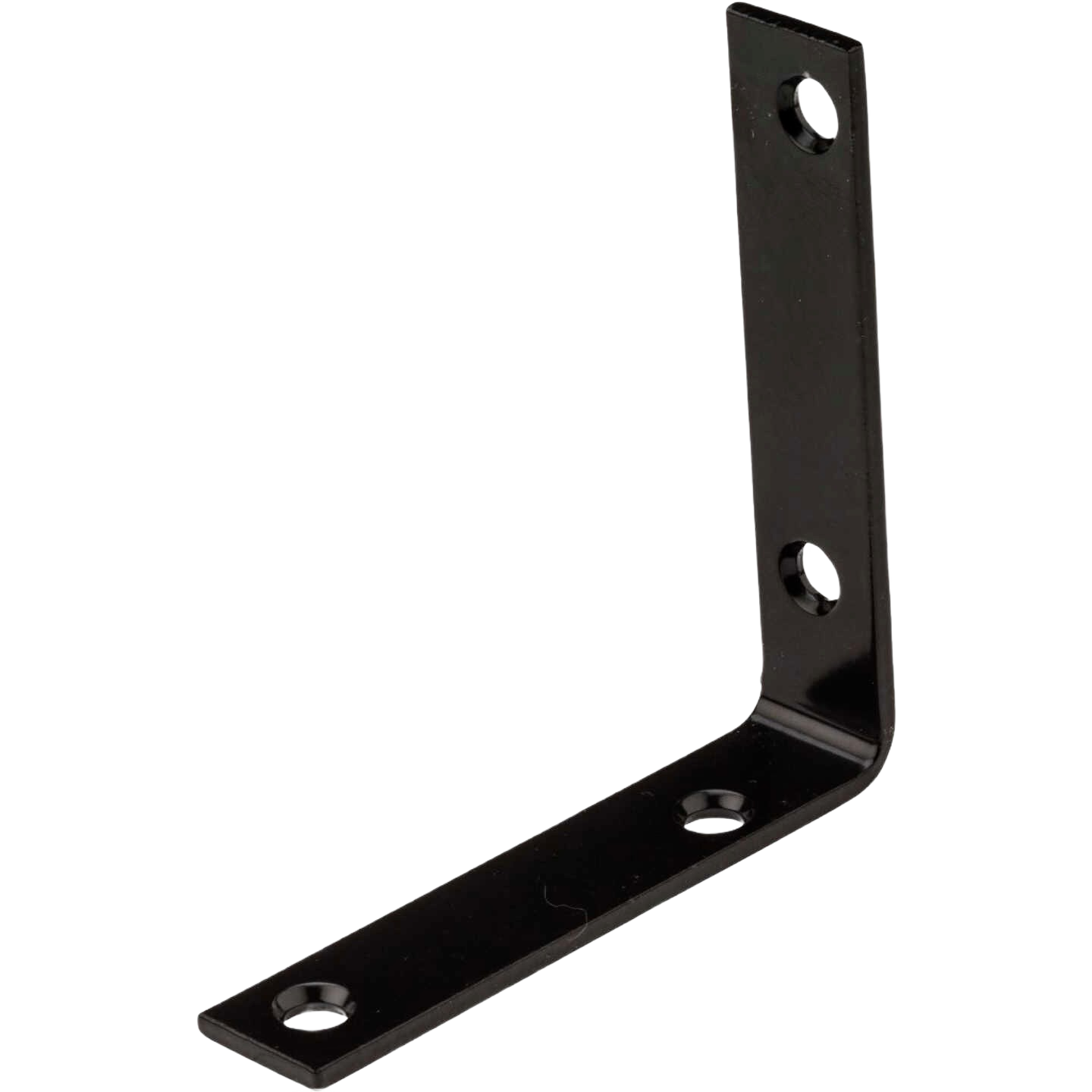 Black metal corner brace with countersunk holes for reinforcing right angle joints in building hardware and home improvement collections