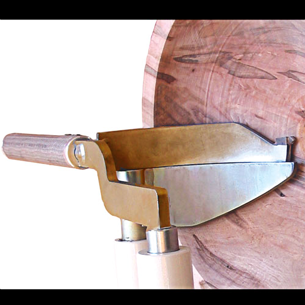 Woodturning knife with wooden handle and steel blade attached to lathe for woodworking and home improvement tasks