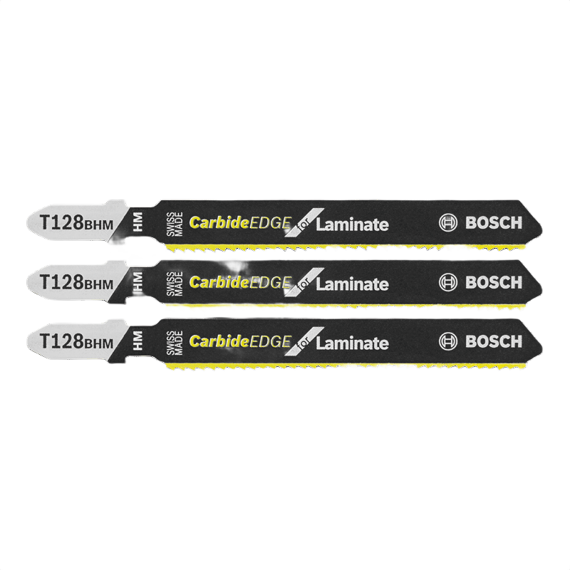 Set of three black Bosch t-shank jigsaw blades with carbide edges for clean laminate cutting in woodworking tools collections