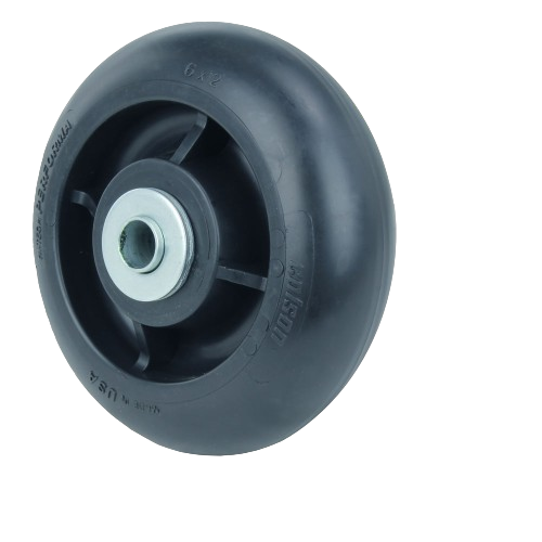 Black durable gage wheel with metal hub designed for maintaining mower deck height in automotive and outdoor tools collections