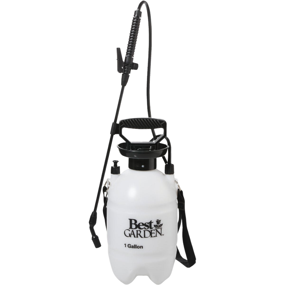 White 1-gallon garden sprayer with black fiberglass wand and adjustable shoulder strap for home improvement tasks