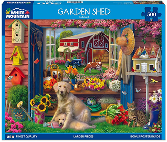 Colorful 500-piece garden shed puzzle with farm animals, flowers, and rustic decor in Toys & Games collection under $50