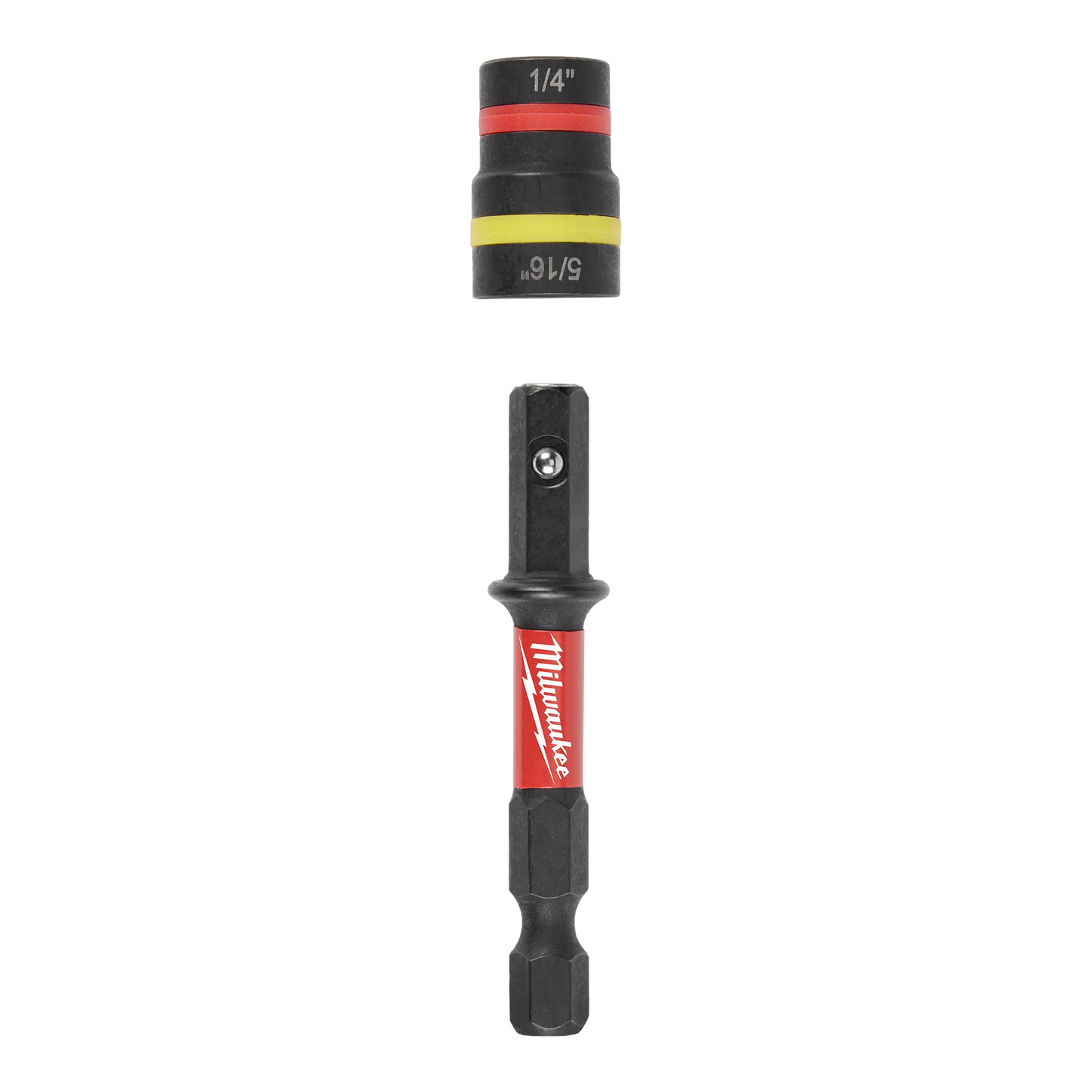 Magnetic nut driver with red and yellow rings, compatible with 1/4” and 5/16” sizes for tool accessories collection