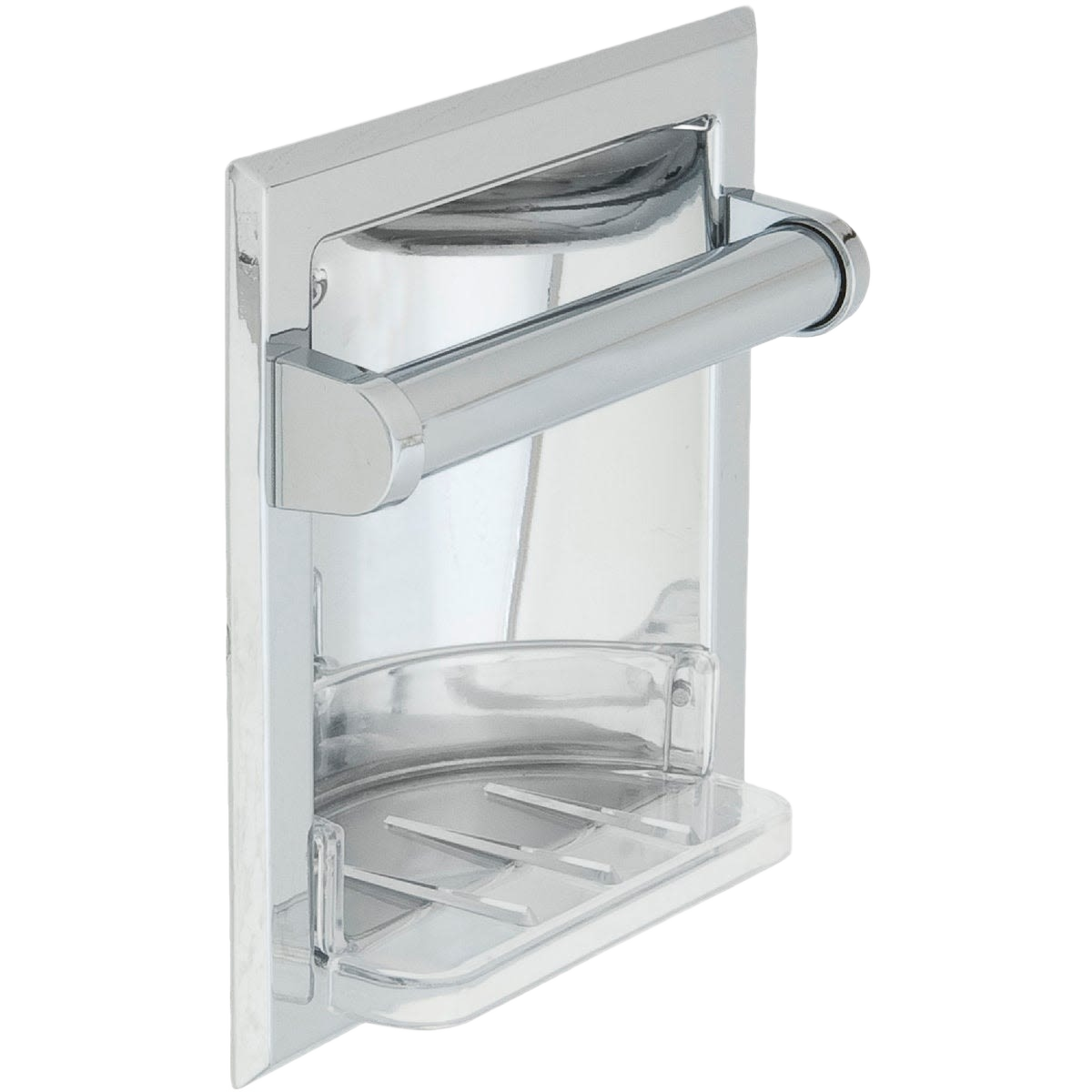 Wall-mounted chrome soap dish with bar holder for bathroom countertop storage and organization solutions