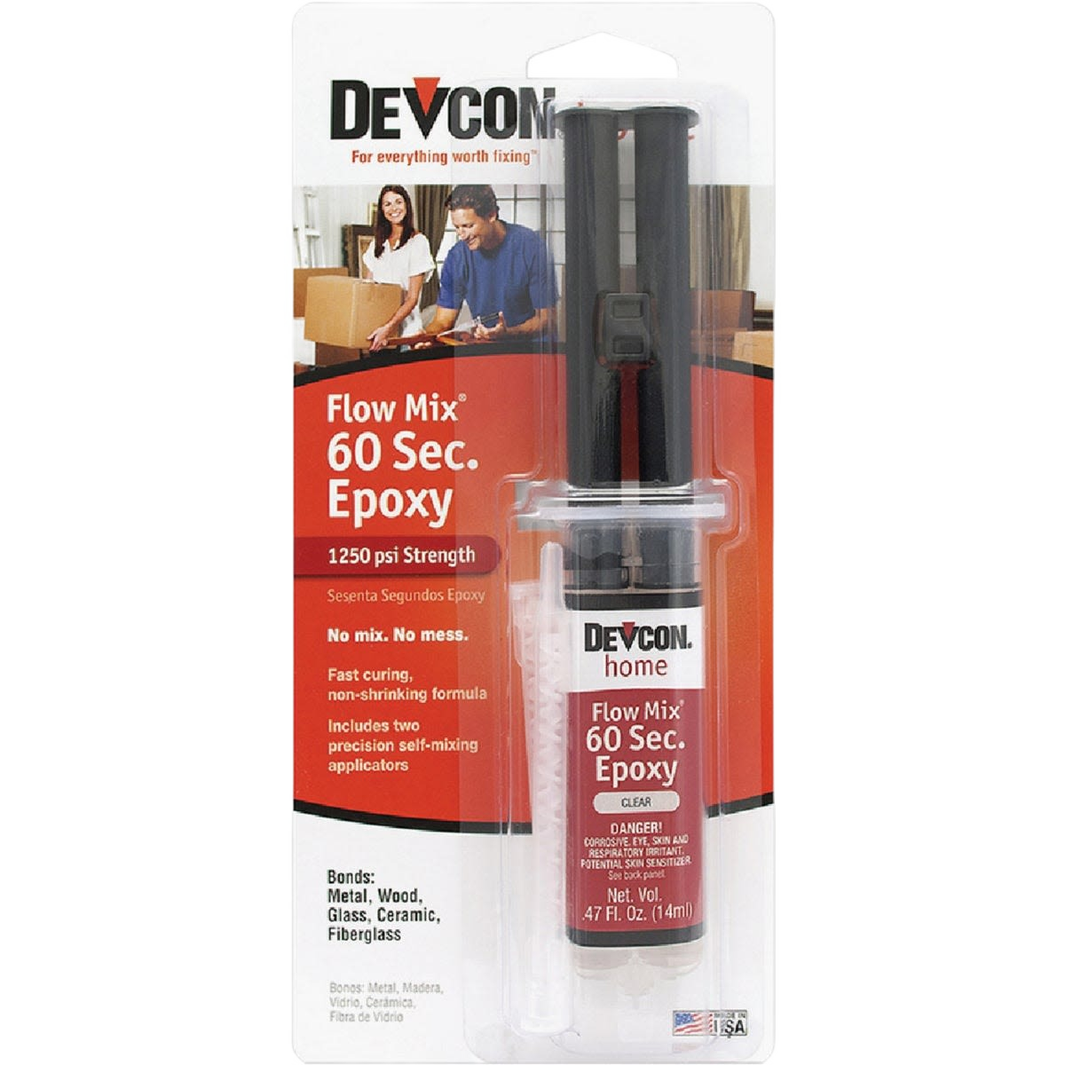 Clear 60-second flow-mix epoxy with self-mixing applicator for strong bonding in home improvement and sealing projects