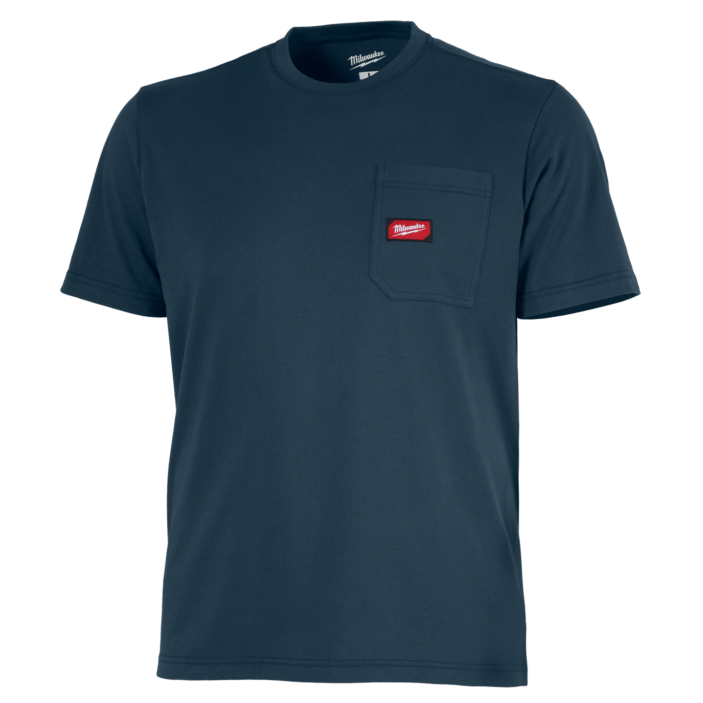 Blue short sleeve t-shirt with chest pocket and red logo patch for tools and home improvement use