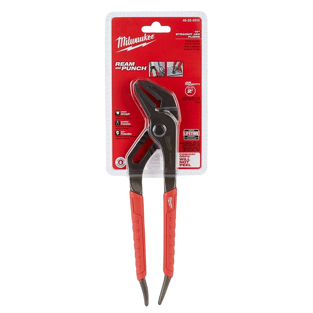 10-inch straight-jaw pliers with red comfort grips designed for secure gripping in home improvement tasks