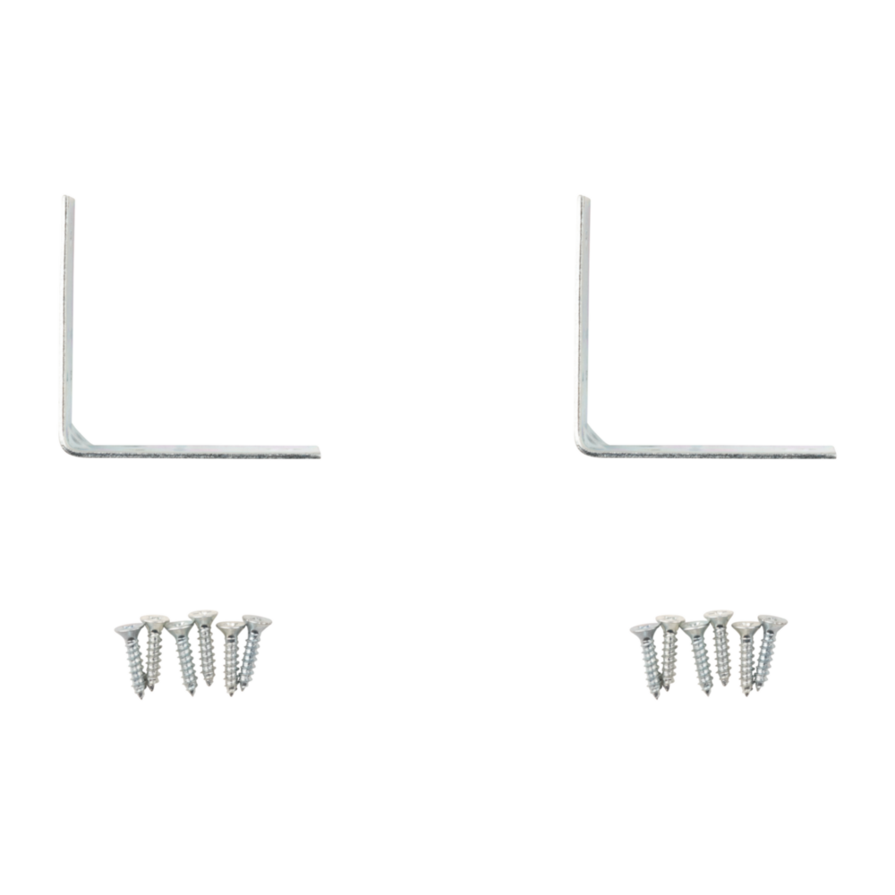 Two zinc-plated steel corner braces with mounting screws for reinforcing right angle joints in building hardware collections