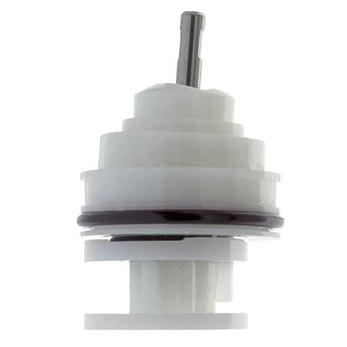 White plastic faucet cartridge with metal stem and rubber seal for plumbing repair and faucet replacement parts collections