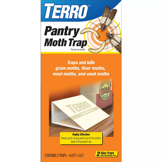 Orange and white packaging of Terro glue pantry moth trap showing moths and larvae for insect and pest control collections