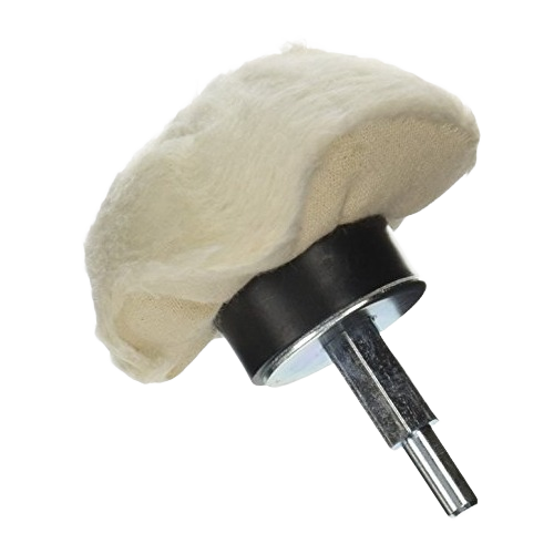 White mushroom-shaped buffing wheel with metal shank for woodworking tool accessories and home improvement tasks