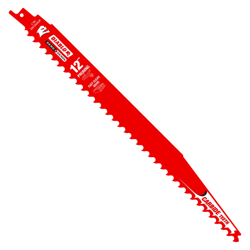 Red 12-inch carbide tipped pruning saw blade designed for fast, clean cutting in home improvement projects