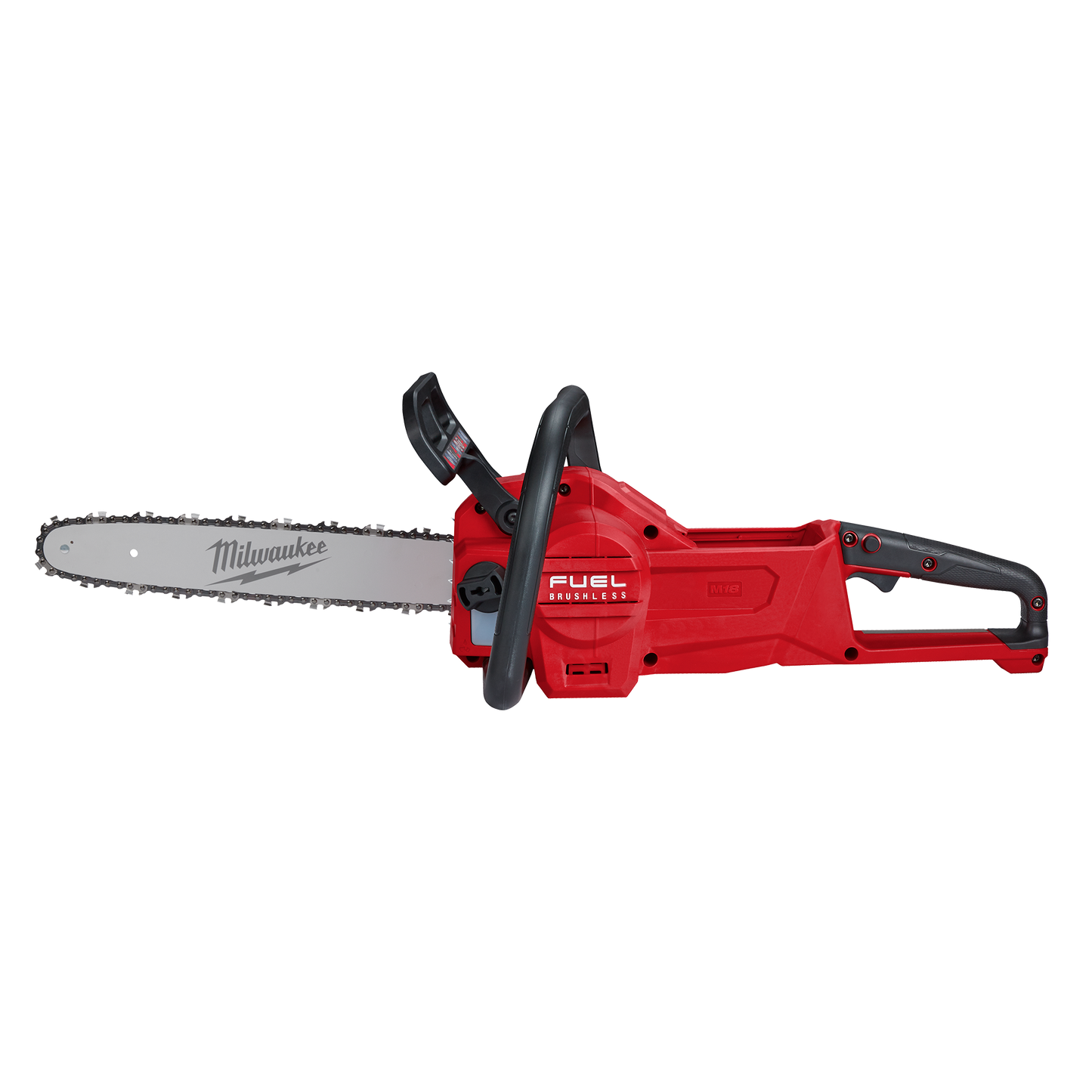 Red and black Milwaukee cordless chainsaw with brushless motor and 16-inch bar in outdoor power tools collections