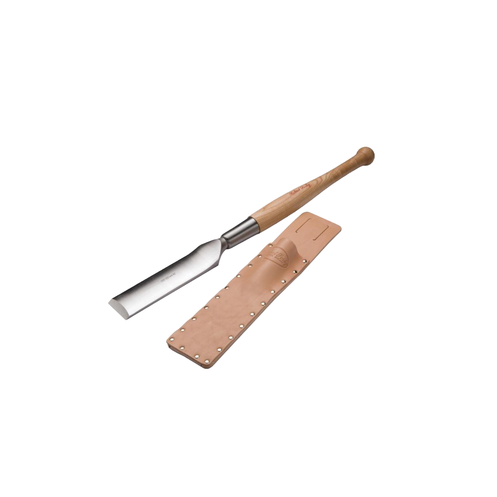 Timber framing slick with polished steel blade and wooden handle alongside a tan leather protective case for home improvement use