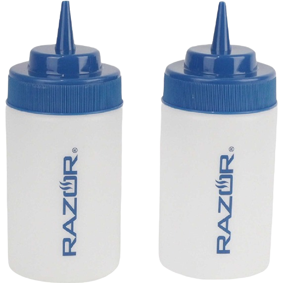 Set of two plastic squeeze bottles with blue caps for grilling sauces and condiments in outdoor living and grill accessories