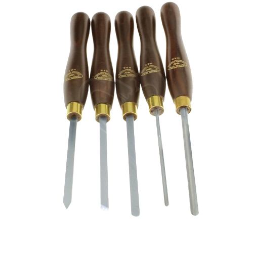 Set of five miniature turning tools with polished wooden handles and brass ferrules for detailed woodworking tasks