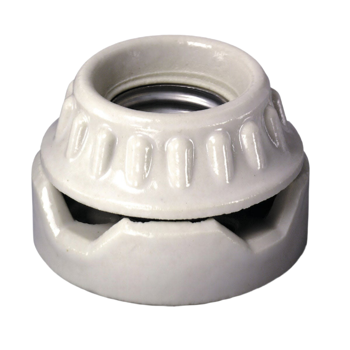 White porcelain lampholder with low profile design for medium base incandescent bulbs in lighting and electrical use