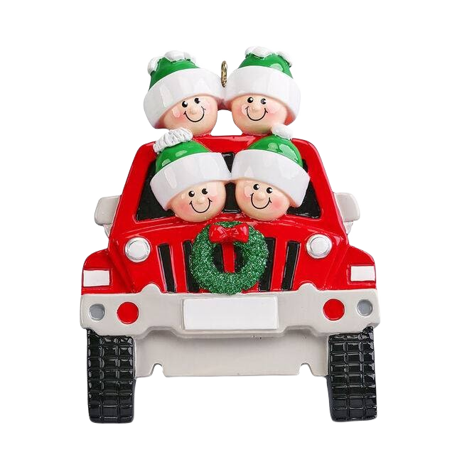 Red SUV ornament with four smiling figures wearing green and white winter hats Christmas tree decoration under $50