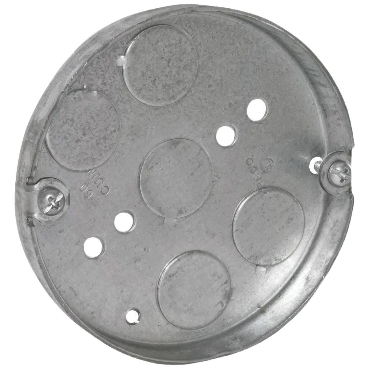 Round steel electrical ceiling box with punched knockouts and mounting holes for home improvement projects