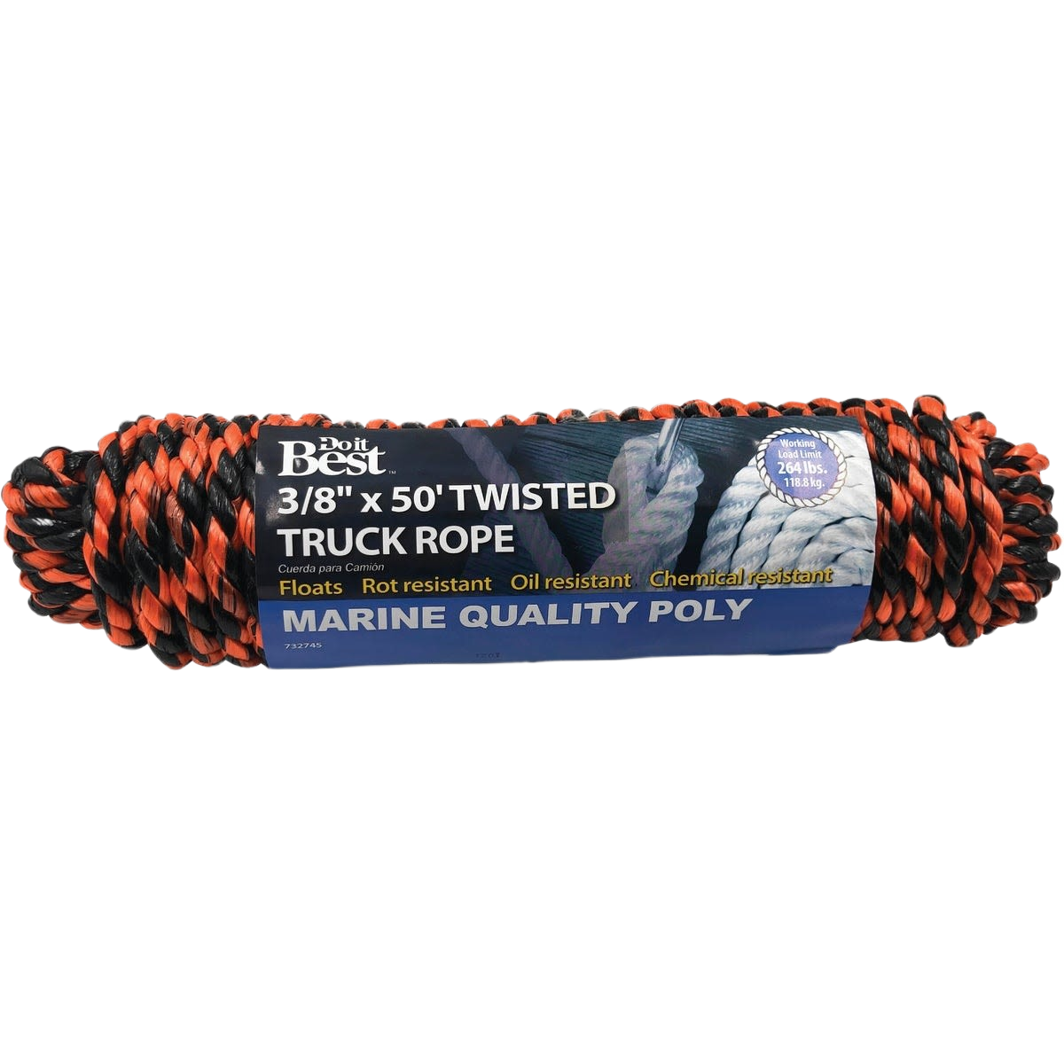Coiled black and orange twisted polypropylene rope packaged for tools and home improvement projects