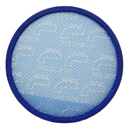 Round blue-framed replacement filter designed for vacuum cleaners, featuring mesh material for airflow and debris capture