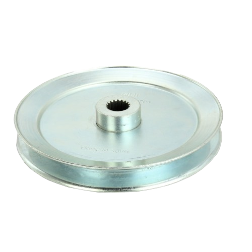 Metal pulley with grooved rim and splined center bore for tools and home improvement projects