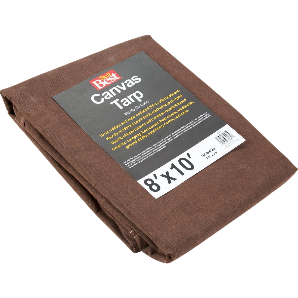 Brown heavy-duty canvas tarp folded with visible label showing size for home improvement use