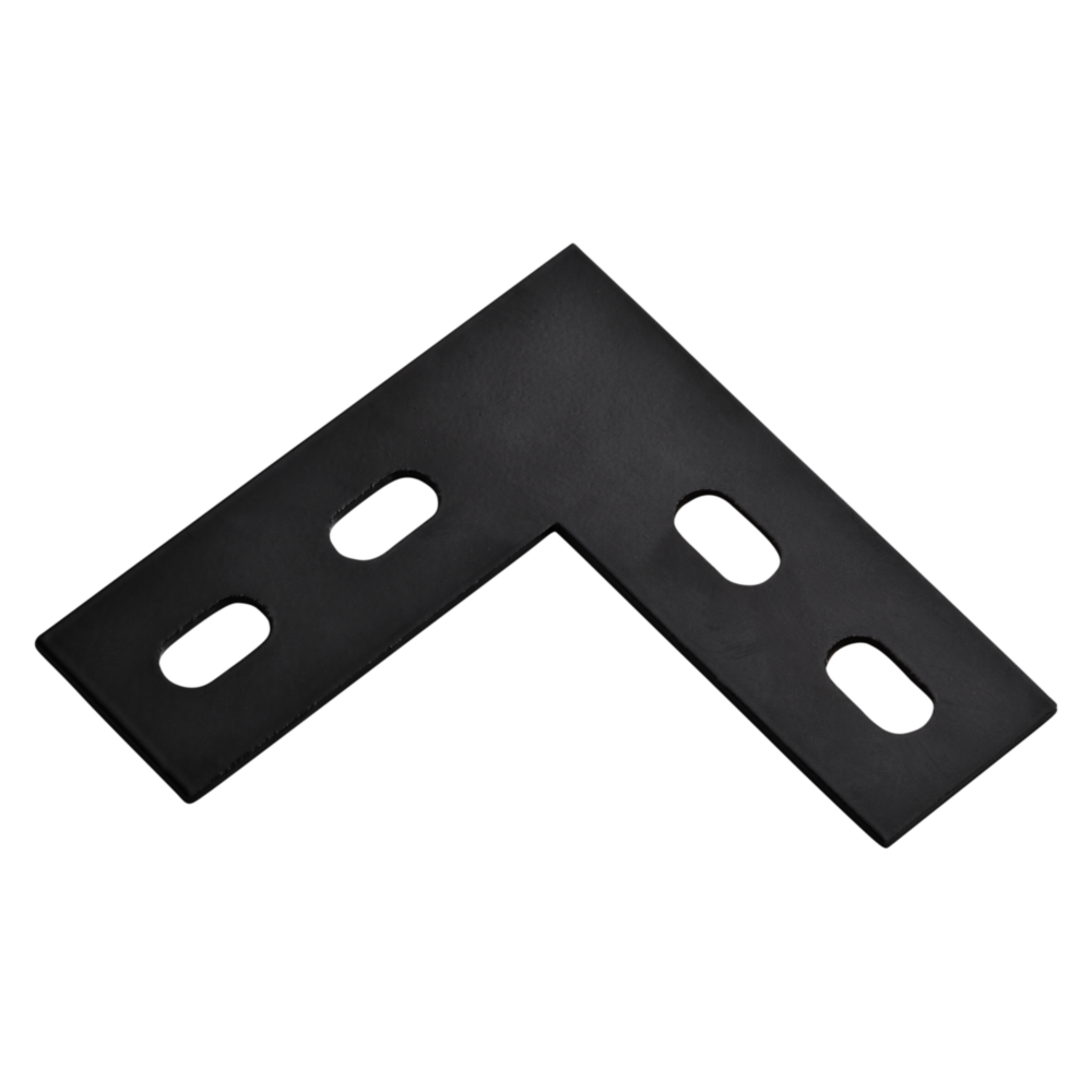 Black metal corner brace with elongated bolt slots for reinforcing 90-degree angles in building hardware projects under $50