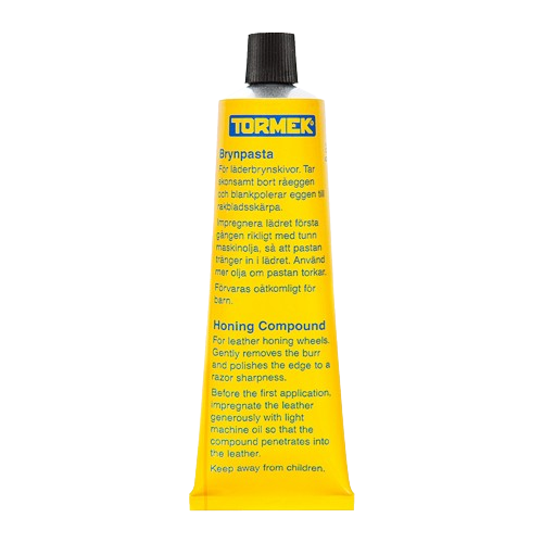 Yellow tube of Tormek honing compound for sharpening leather honing wheels in tools and home improvement tasks
