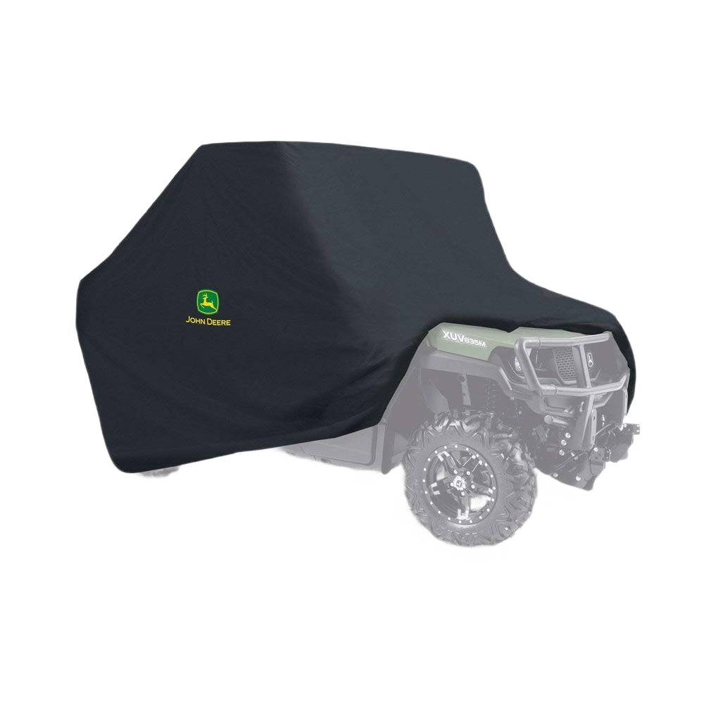 Black storage cover with John Deere logo designed for all-season protection in tool and equipment accessories.