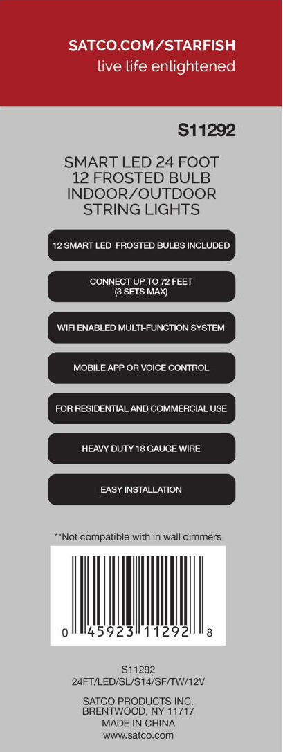 Product packaging label detailing features of smart LED frosted string lights for indoor and outdoor home improvement use