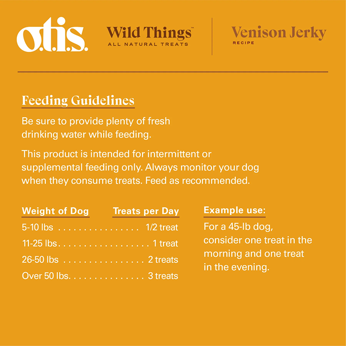 Feeding guidelines for venison jerky dog treats with recommended daily portions by dog weight in pet supplies.