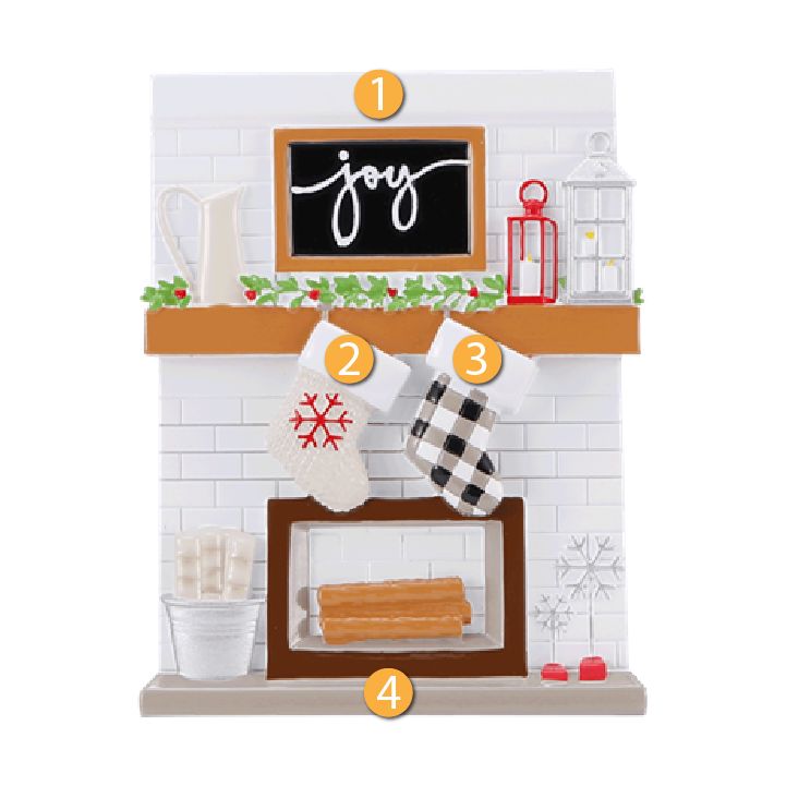 Cozy holiday fireplace ornament with personalized stockings, lanterns, and "joy" sign from Christmas Ornaments collection under $50