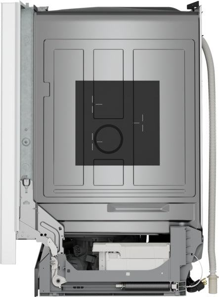 Partially exposed internal structure of a white 24-inch dishwasher highlighting components in Bosch kitchen appliances collection