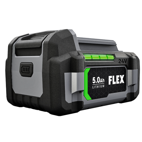 Compact 24V FLEX lithium-ion battery pack with 5.0 Ah capacity and built-in charge level indicator for tools and home improvement tasks