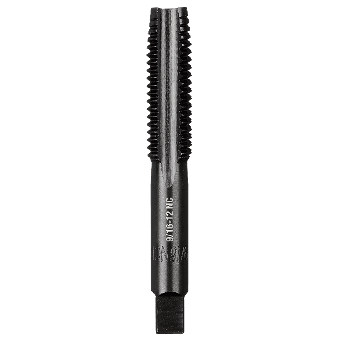 Black metal straight flute plug tap tool with marked thread size for threading and home improvement tasks