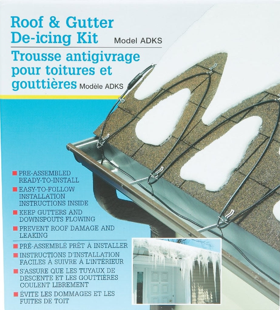 Roof and gutter de-icing cable installed on shingled roof to prevent ice dams and protect plumbing accessories under $100