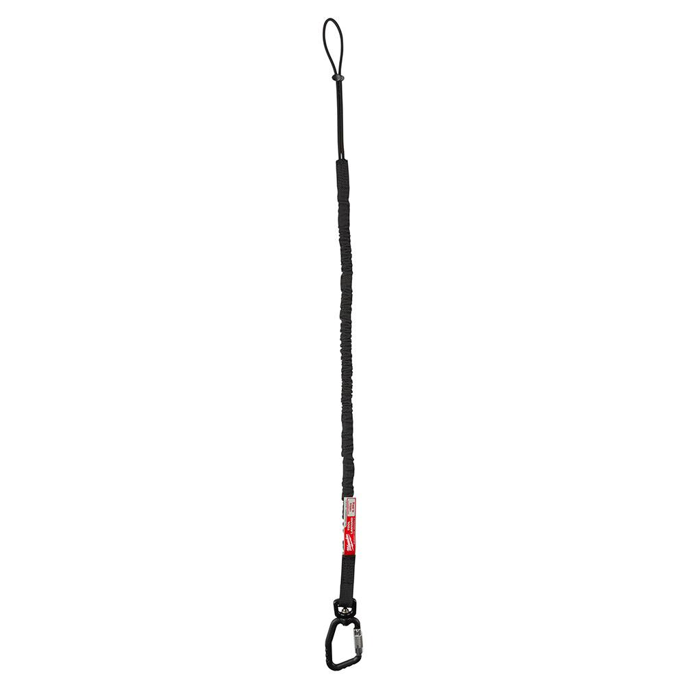 Black locking tool lanyard with carabiner clip for safety and shock absorption in hardware and PPE collections