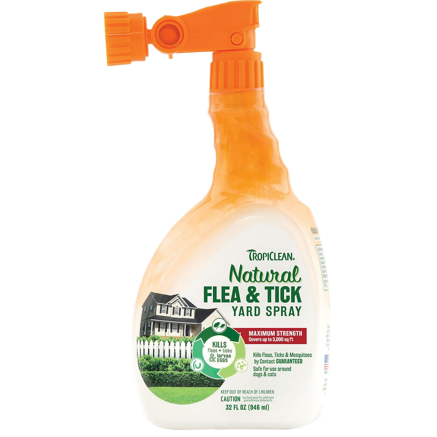 Orange and white 32 oz spray bottle of natural flea and tick yard treatment for outdoor pest control