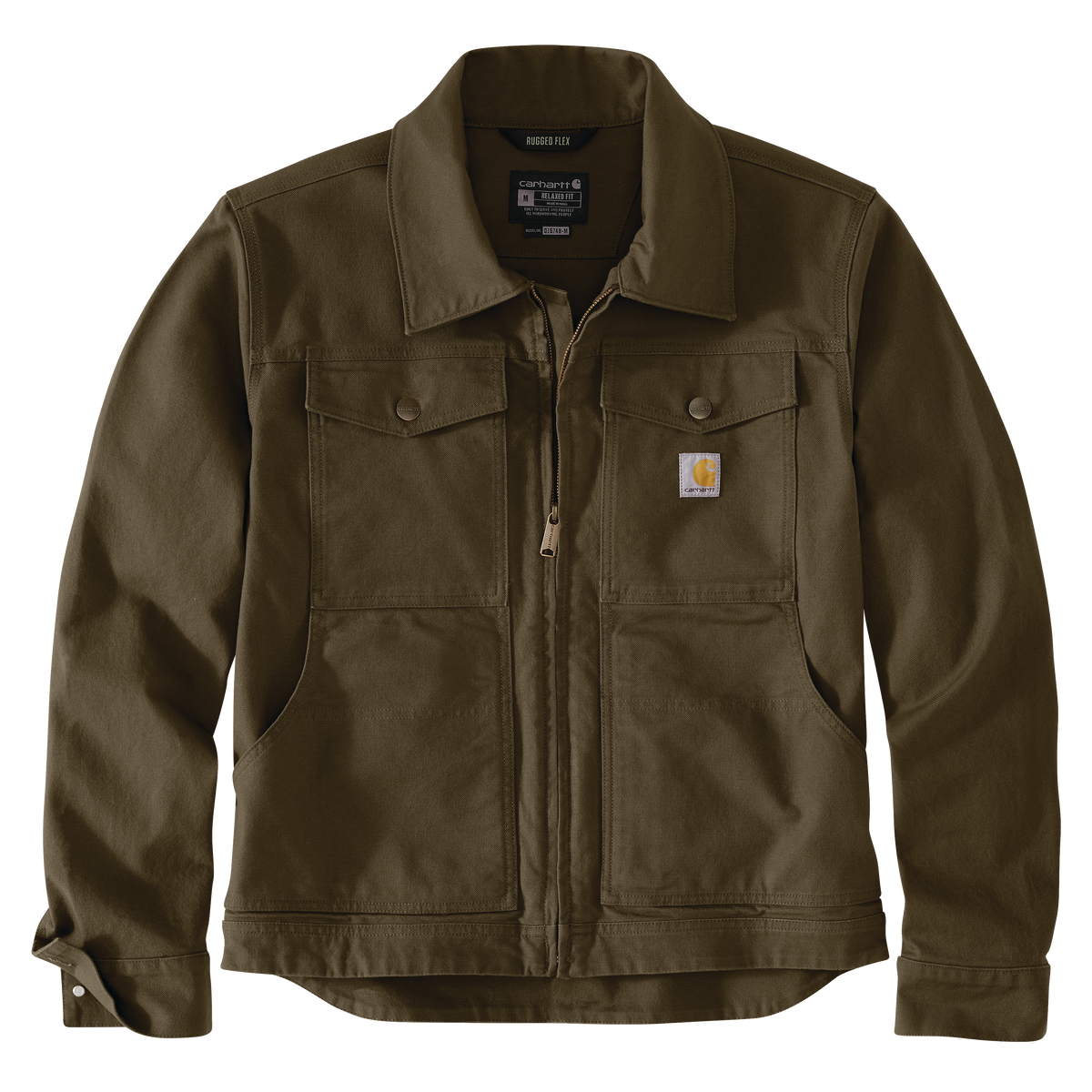 Men’s durable olive green duck canvas jacket with relaxed fit, full front zipper, chest flap pockets, and added stretch for mobility in workwear.