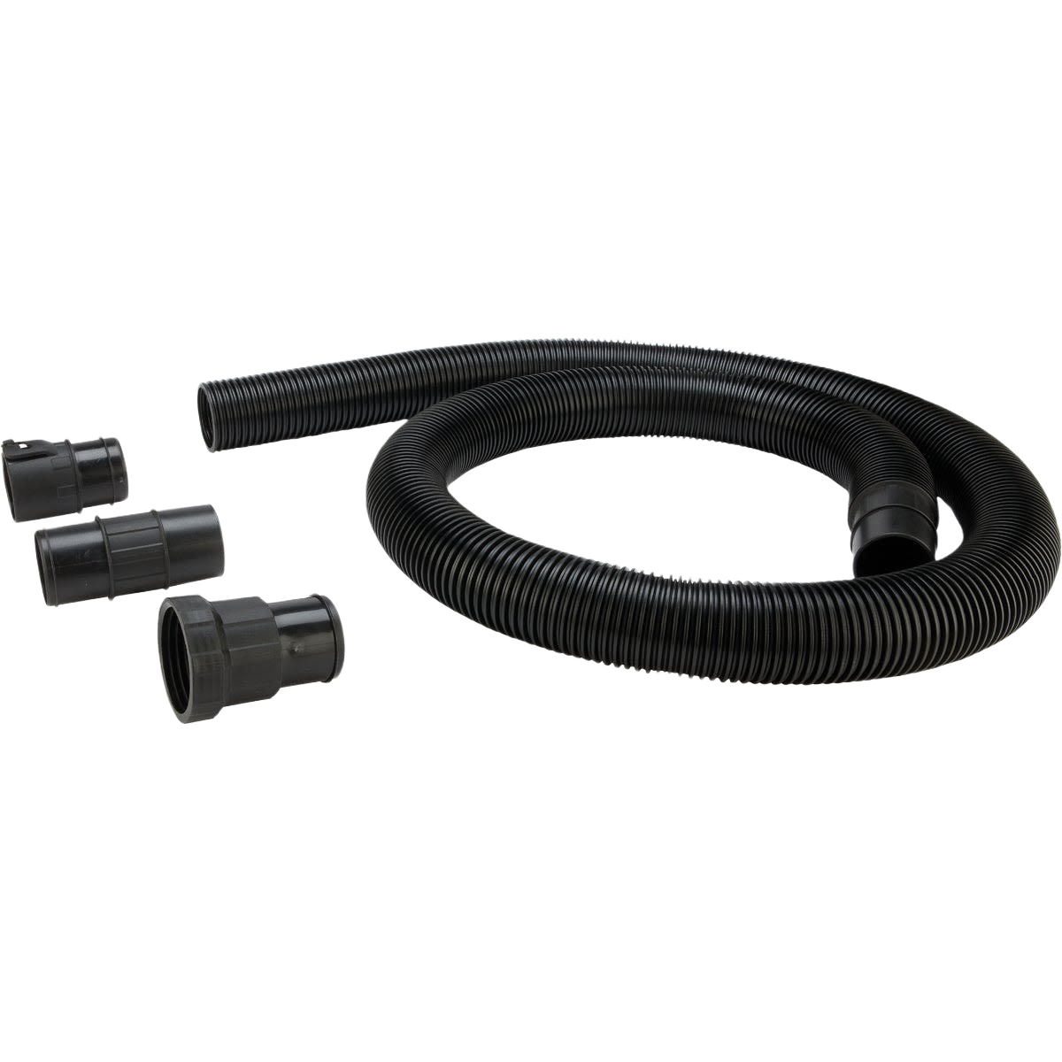 Flexible black wet/dry vacuum hose with three adapters for versatile tools and home improvement use